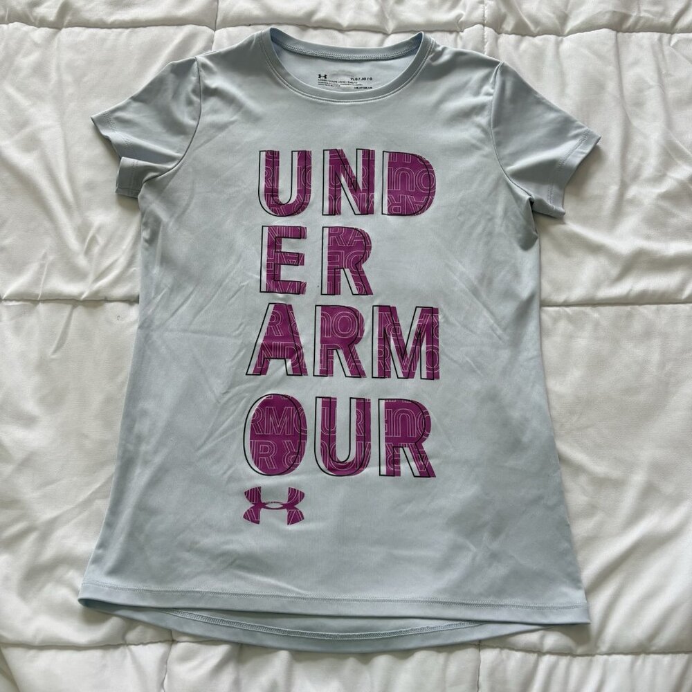 Under Armour Youth Girls Large Gray T Shirt Tee Heatgear Loose Activewear Purple